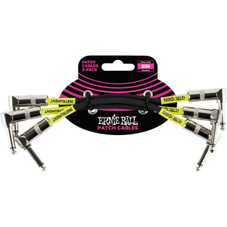 ERNIE BALL - 6050 C‚bles patch Pack de 3 - coudÈ - 15 cm noir