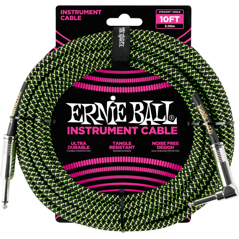 C‚ble ERNIE BALL 6077 Jack/jack coudÈ - 3m noir et vert
