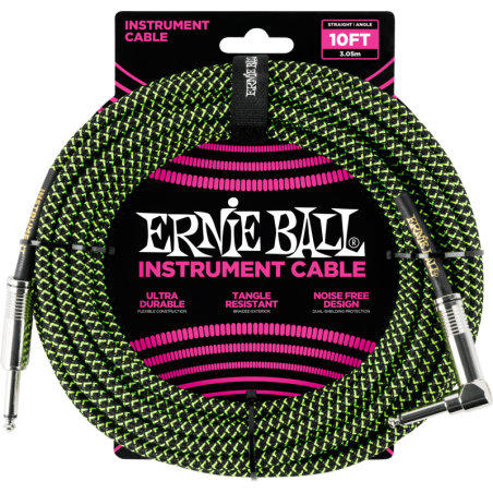 C‚ble ERNIE BALL 6077 Jack/jack coudÈ - 3m noir et vert