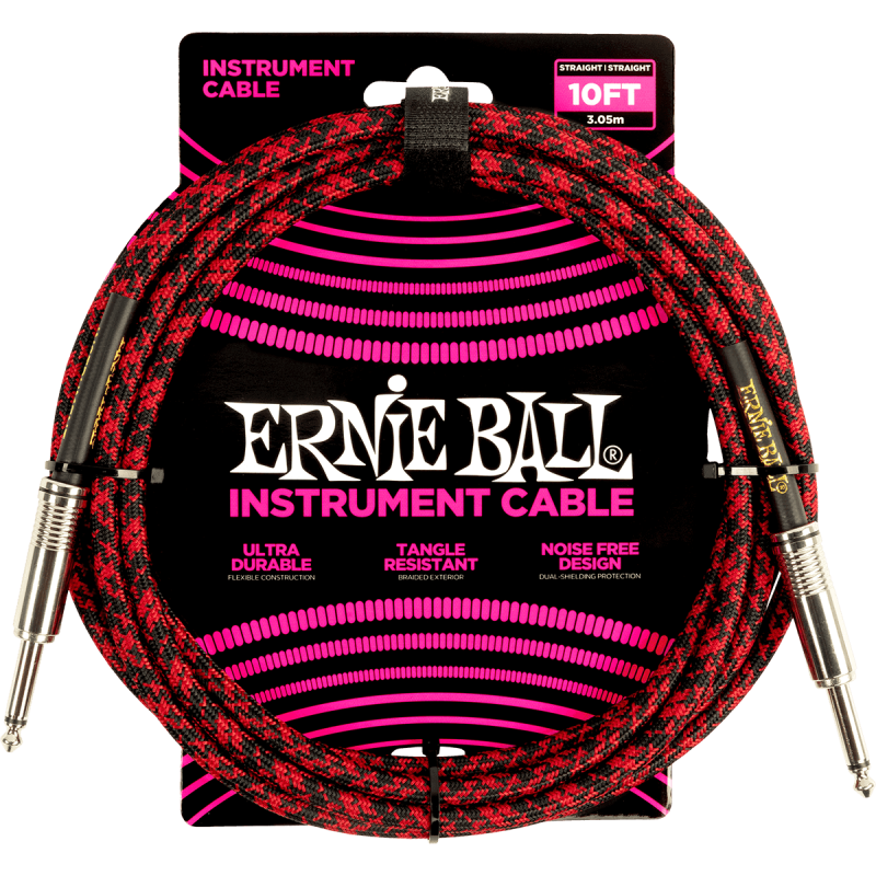 C‚ble ERNIE BALL 6394 Jack/jack 3m rouge et noir