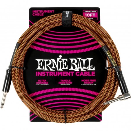 C‚ble tressÈ Ernie Ball Jack / Jack CoudÈ 3m orange et noir