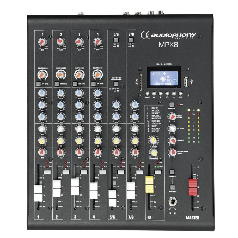 Audiophony MPX8 - Mixer 8 CH + compresseur + Effets + lecteur USB/SD/B