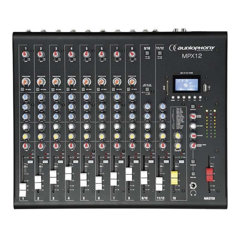 Audiophony MPX12 - Mixer 12CH +compresseur + Effets + lecteur USB/SD/B