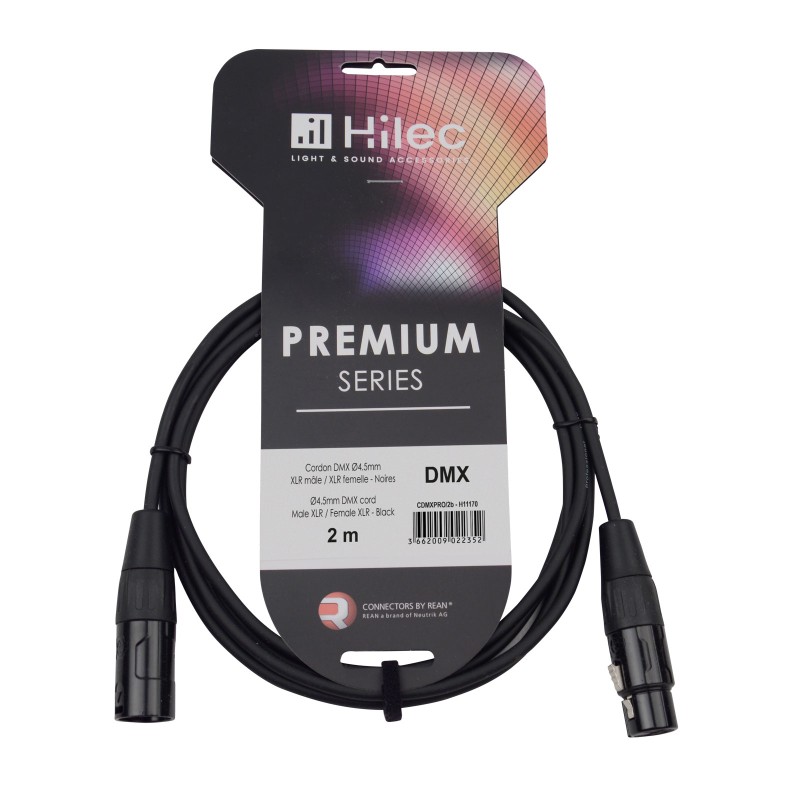 Hilec CDMXPRO/2b - Cordon DMX 4.5mm XLR M/XLR F-REAN noires - 2m