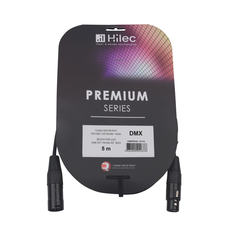 Hilec CDMXPRO/5b - Cordon DMX 4.5mm XLR M/XLR F-REAN noires - 5m