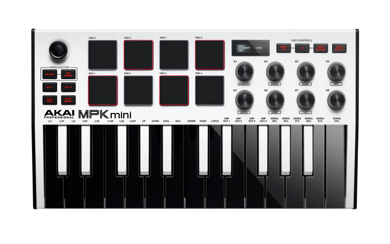 Clavier Maitre AKAI MPKMINI3WH Mini touches USB 25 touches 8 pads écran OLED