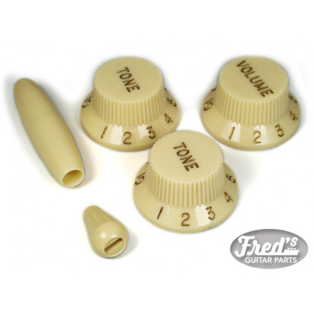 BOUTONS VINTAGE CREAM SET FOR STRAT(1V+2T+SWITCH+TIP GOLD LETTERS)