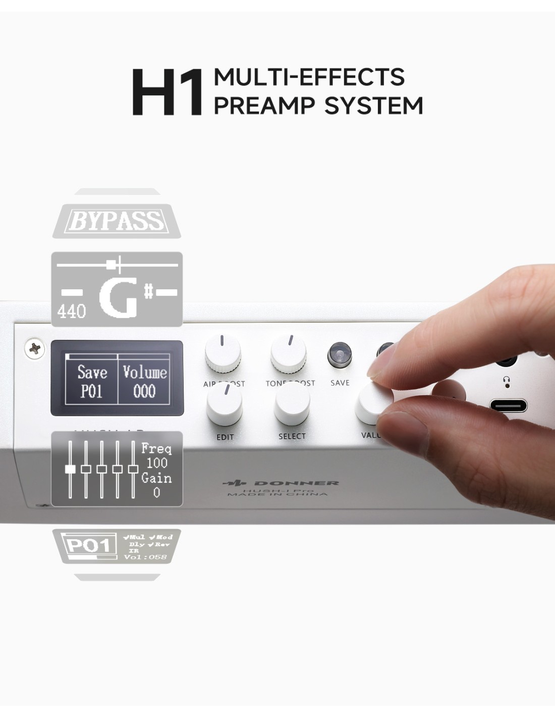 DONNER HUSH-I Pro Travel Guitar White - Guitare folk de voyage avec effets intégrés + housse