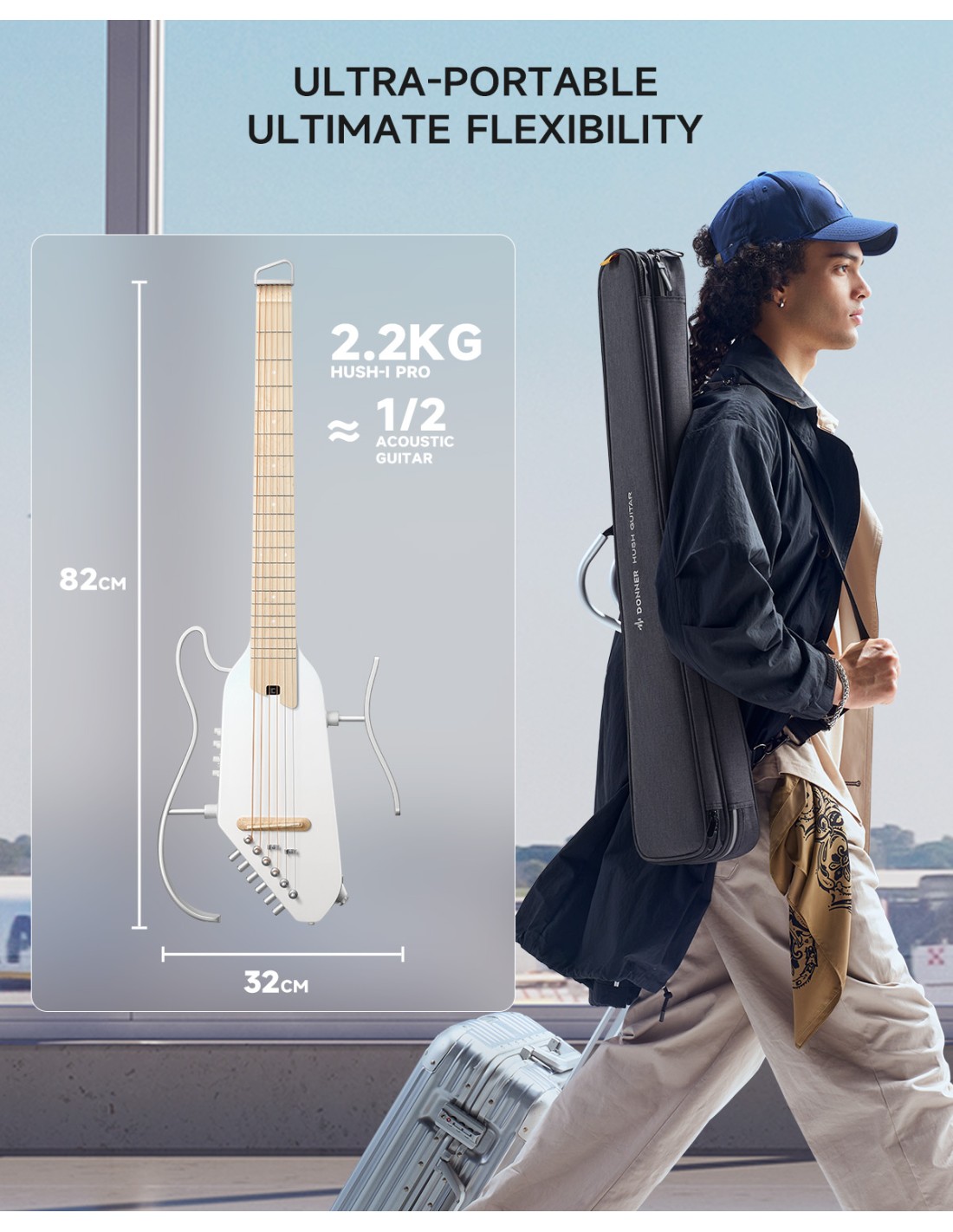 DONNER HUSH-I Pro Travel Guitar White - Guitare folk de voyage avec effets intégrés + housse