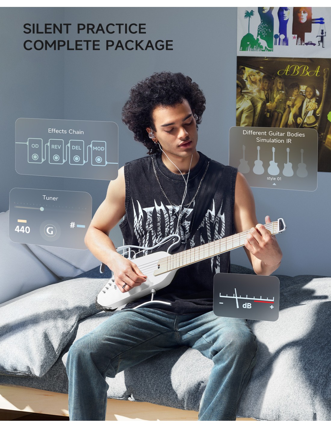 DONNER HUSH-I Pro Travel Guitar White - Guitare folk de voyage avec effets intégrés + housse