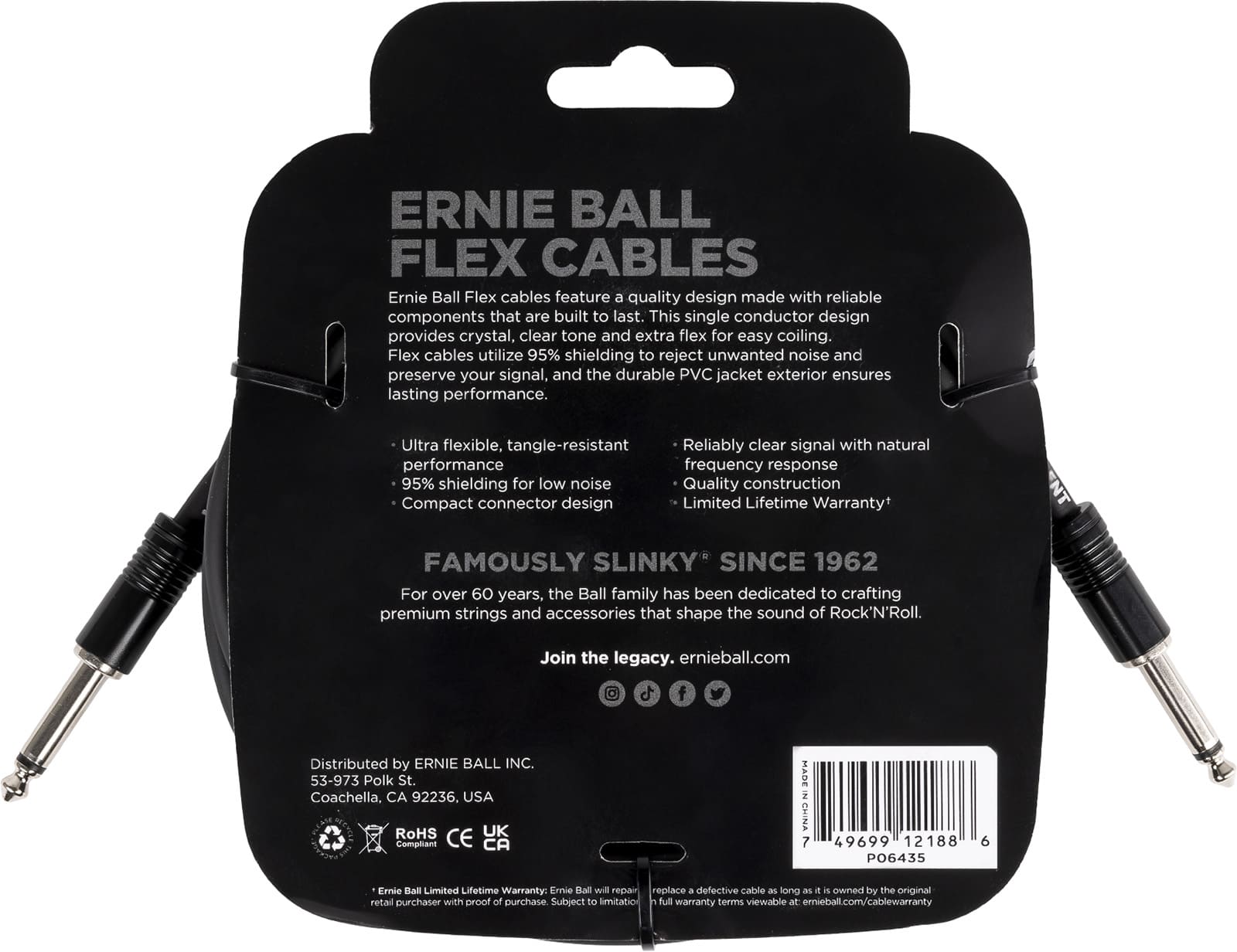 Flex Cable ERNIE BALL 6435 Jack/jack 6m noir