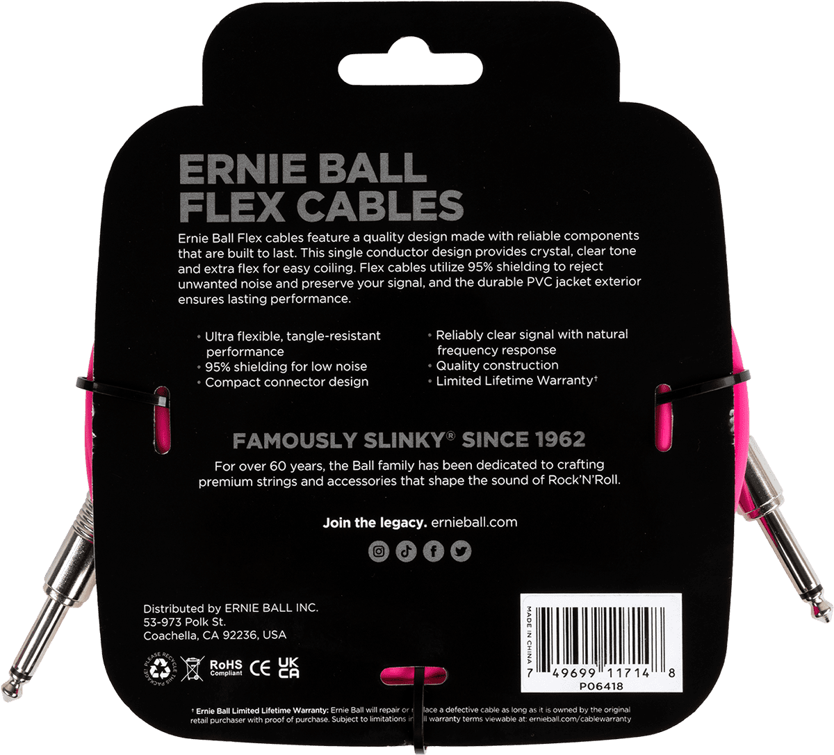 Flex cable ERNIE BALL 6418 Jack/jack 6m rose
