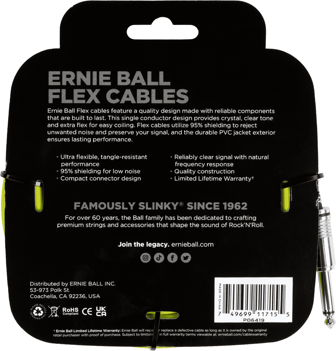 Flex cable ERNIE BALL 6419 Jack/jack 6m vert