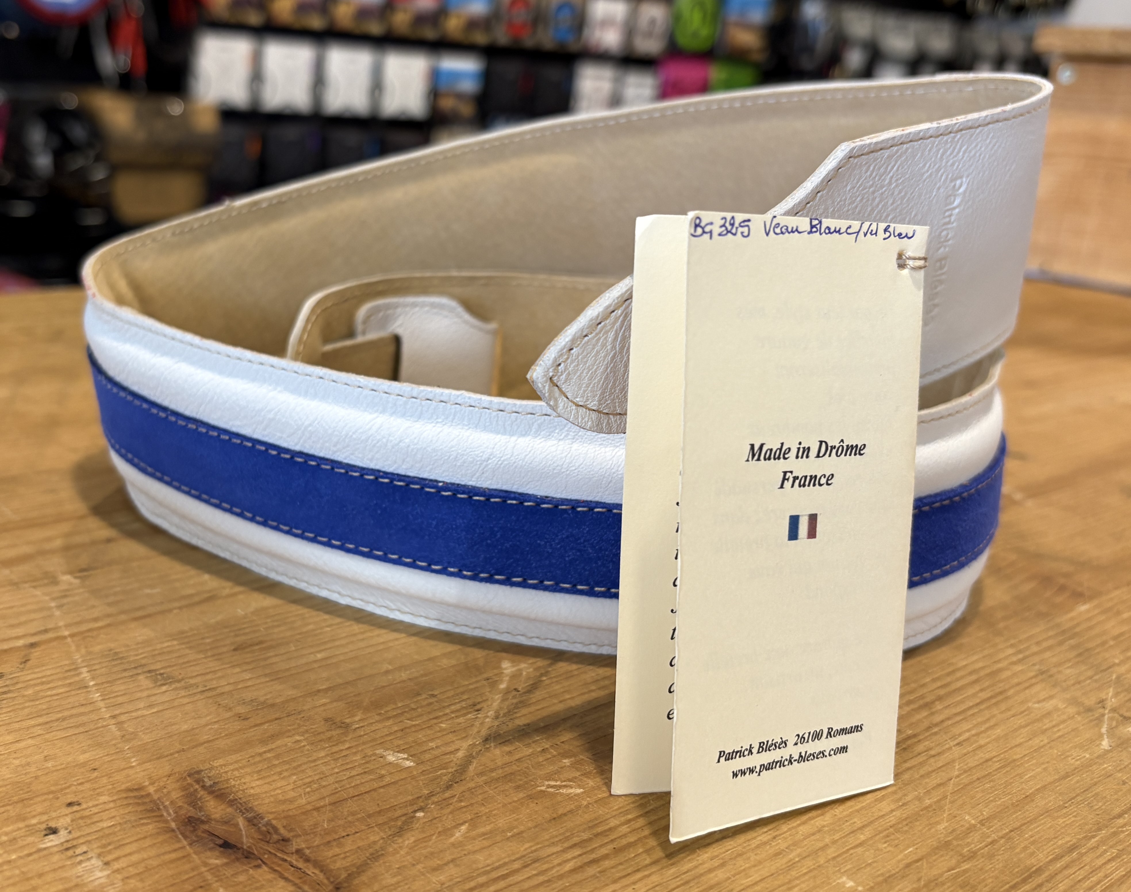 Sangle Patrick Bleses BG 325 Stripe Veau Blanc - Bleu