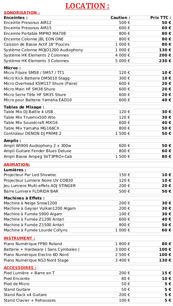 TARIF LOCATION
