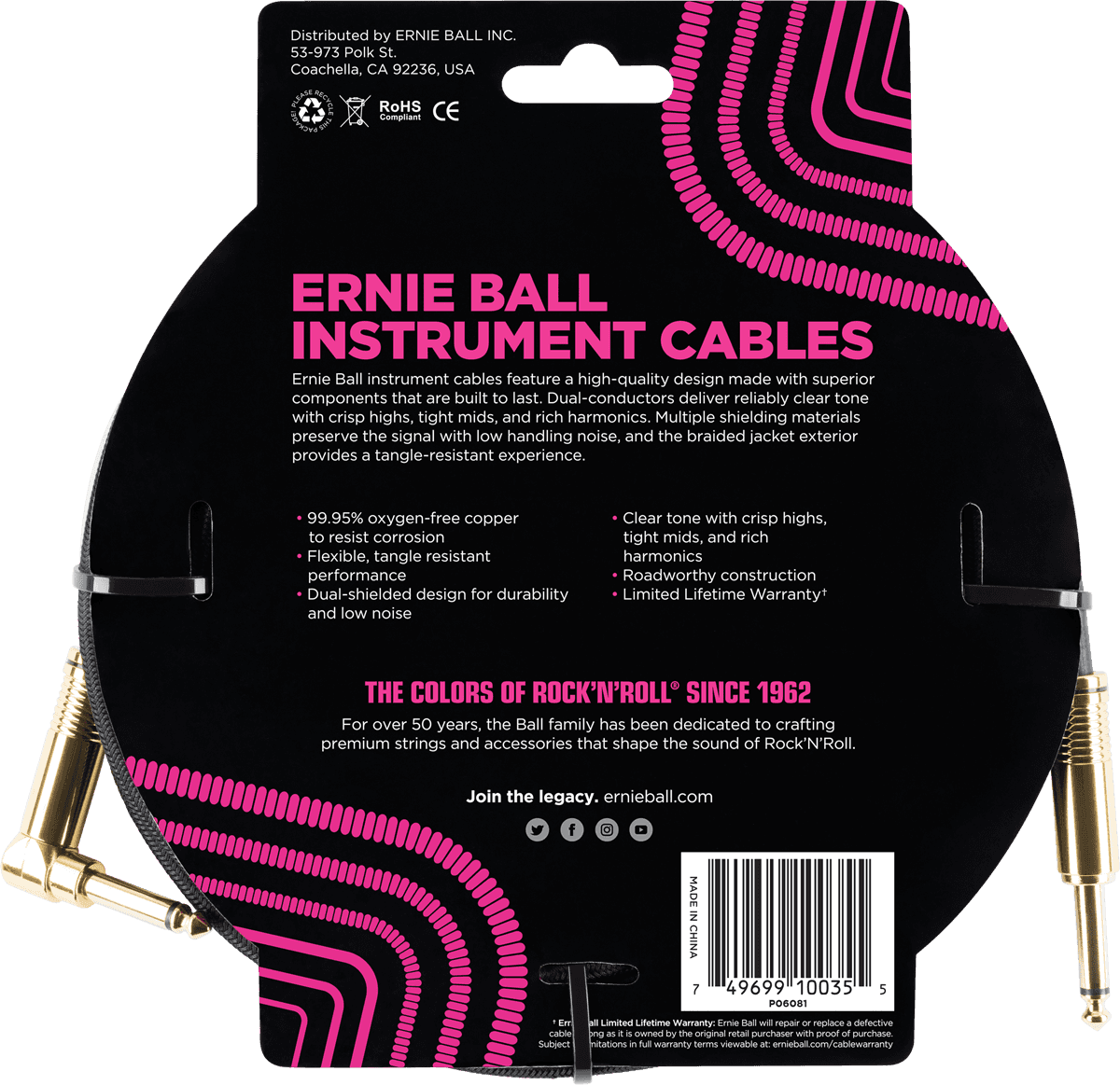 Câble Jack / Jack Coudé tressé Ernie Ball 3m Noir