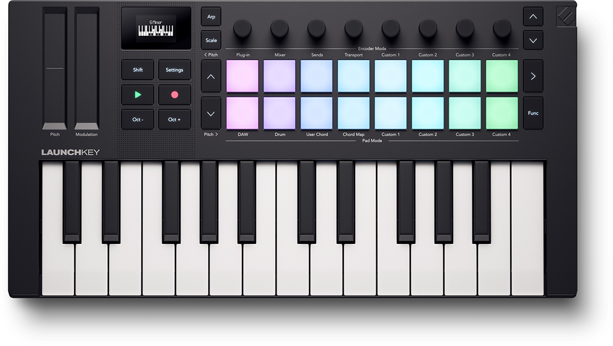 NOVATION LAUNCHKEY-MN25-MK4 Clavier maitre 25 mini-touches, 16 pads, 8 encodeurs, écran OLED