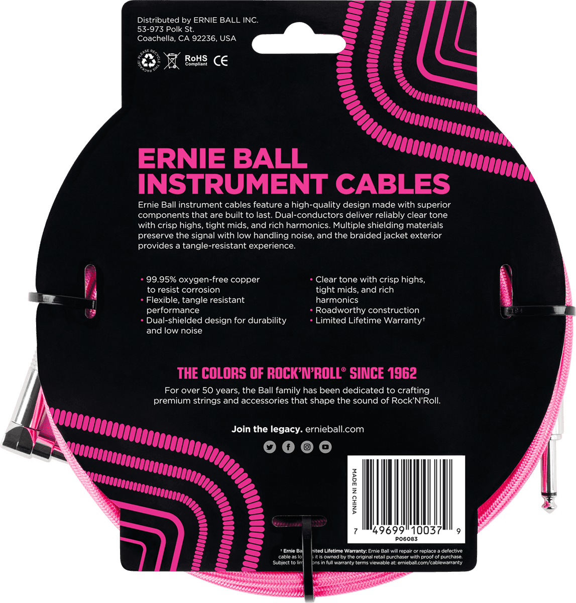ERNIE BALL 6083 Câble Jack / jack coudé 5,5m rose fluo