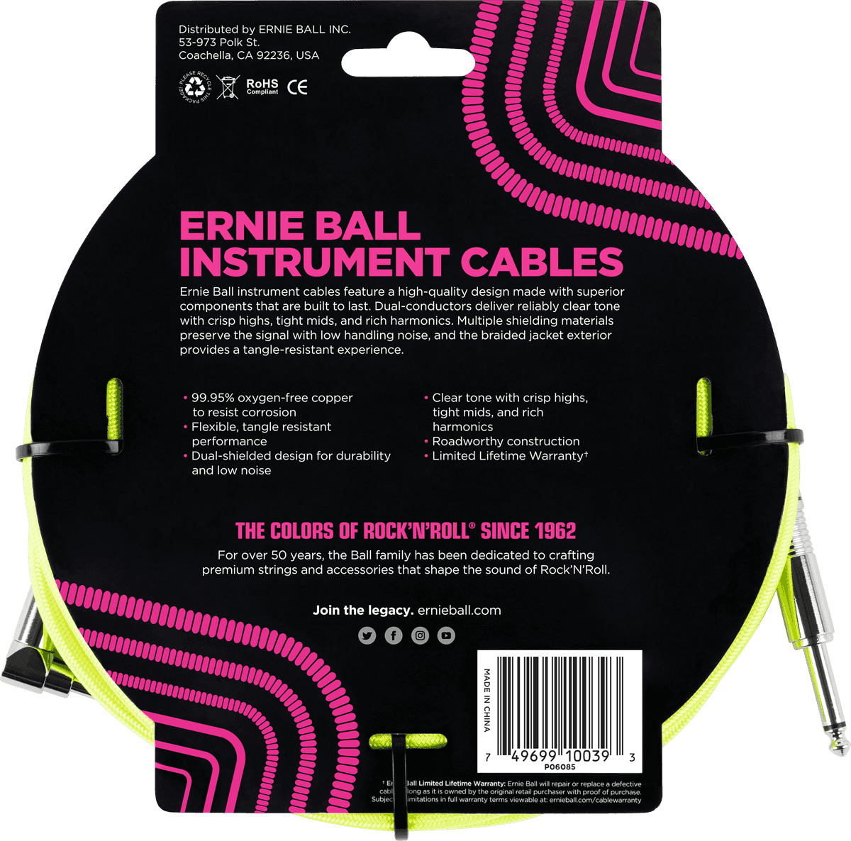 ERNIE BALL 6085 Câble Jack / jack coudé 5,5m jaune fluo