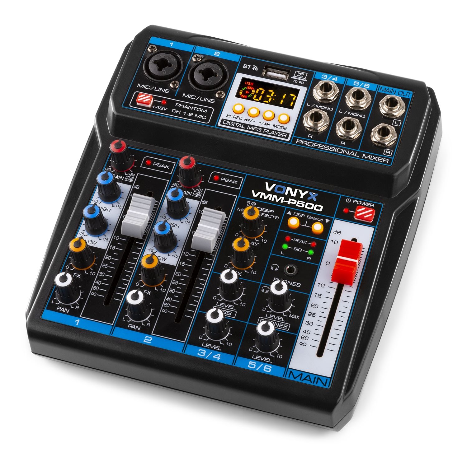 VMM-P500 Table de mixage 4 canaux avec DSP interface USB et lecteur MP3/BT