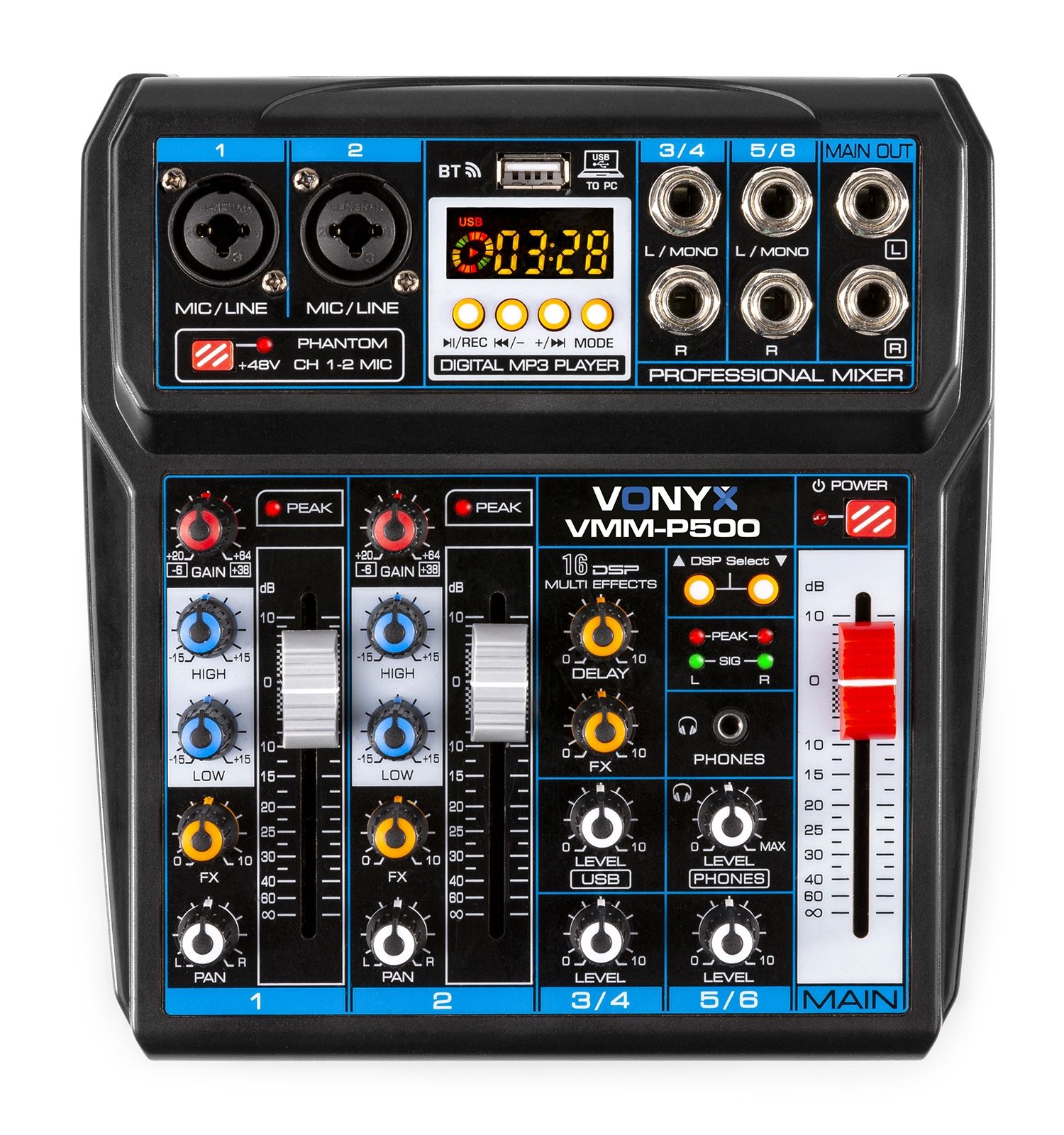 VMM-P500 Table de mixage 4 canaux avec DSP interface USB et lecteur MP3/BT