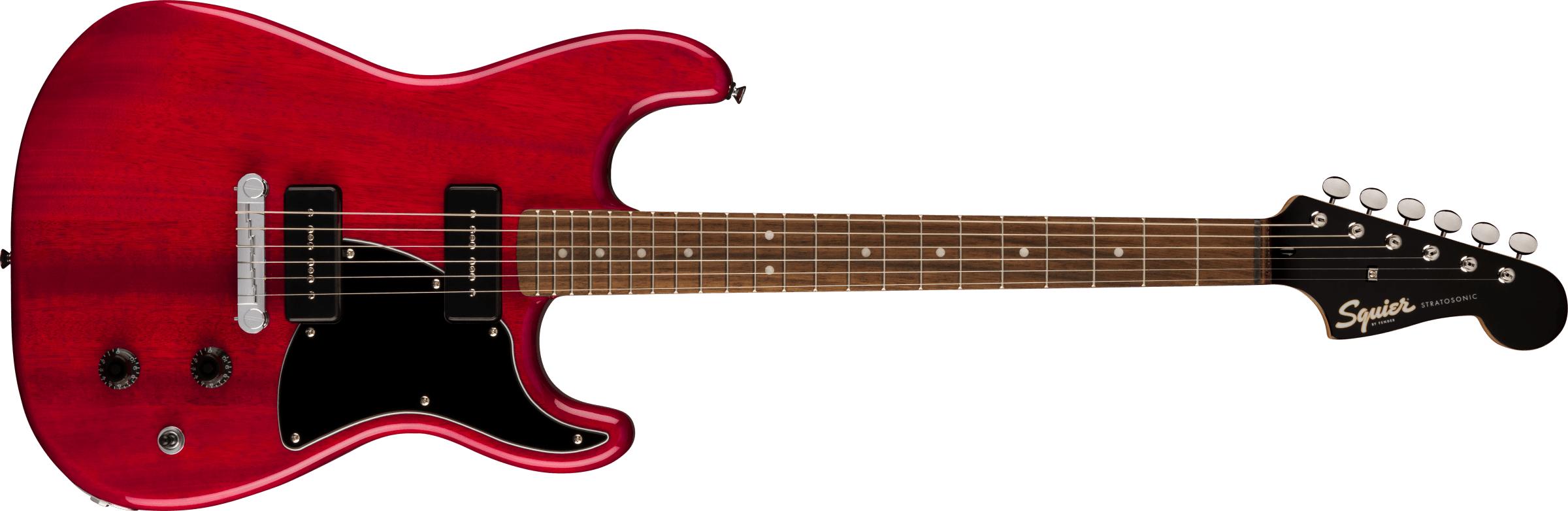 SQUIER Paranormal Strat-O-Sonic, Laurel Fingerboard, Black Pickguard, Crimson Red Transparent