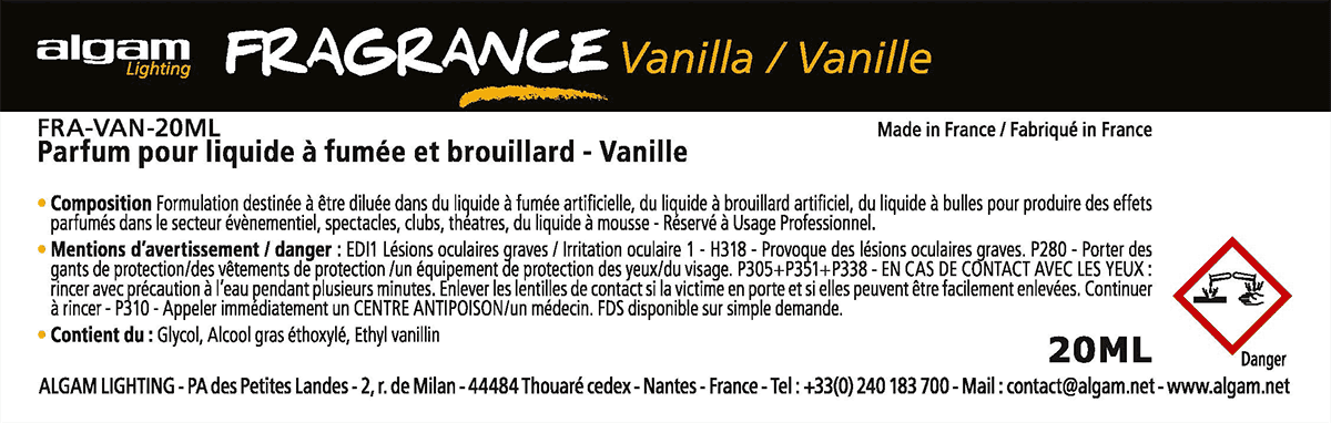 Algam Lighting - FRA-VAN-20ML Pour liquide à fumée et brouillard - Vanille - 20ml