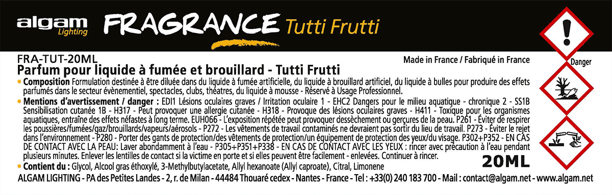 Algam Lighting - FRA-TUT-20ML Pour liquide à fumée et brouillard - Tutti Frutti - 20ml